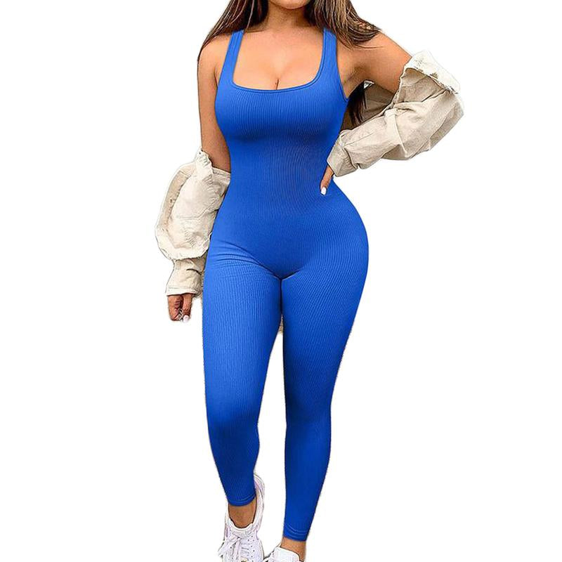 Women'S Solid Color Sleeveless Vest Jumpsuit Thread Square Neck Backless Hip Lift Slim-Fit Sports Jumpsuit Gymwear