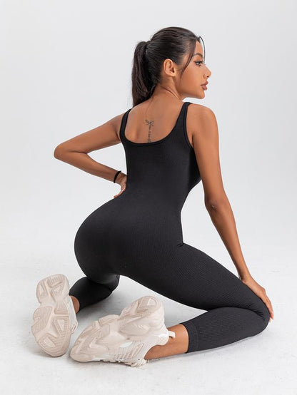 Women'S Solid Color Sleeveless Vest Jumpsuit Thread Square Neck Backless Hip Lift Slim-Fit Sports Jumpsuit Gymwear