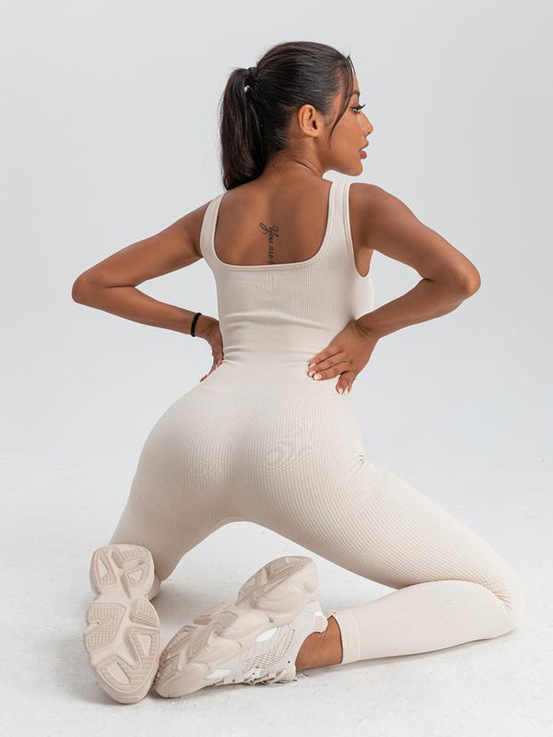 Women'S Solid Color Sleeveless Vest Jumpsuit Thread Square Neck Backless Hip Lift Slim-Fit Sports Jumpsuit Gymwear