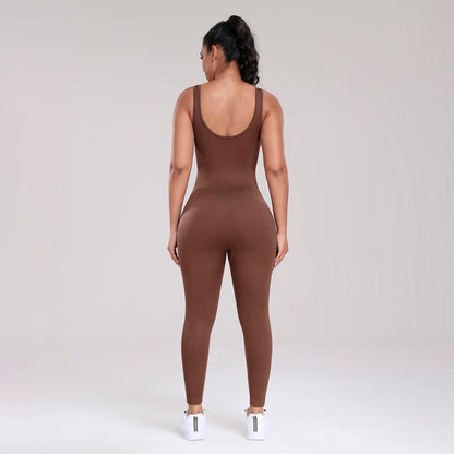 Women'S Solid Color Sleeveless Vest Jumpsuit Thread Square Neck Backless Hip Lift Slim-Fit Sports Jumpsuit Gymwear